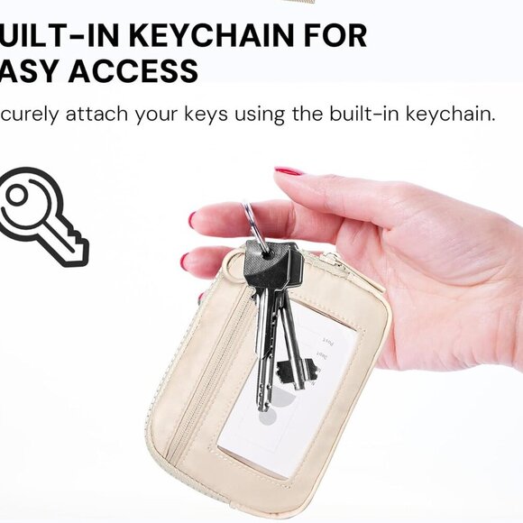 Beige Mini Zip Card Case for Women with ID Window Coin Purse Lightweight Wallet - Picture 6 of 8